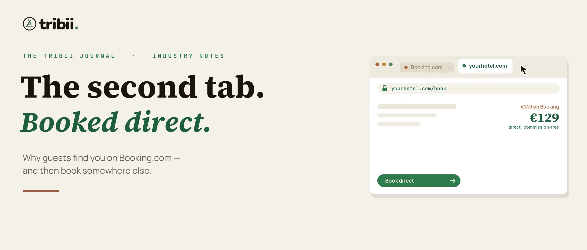 Two browser tabs, Booking.com and the hotel's own website, with the direct rate lower and commission free.