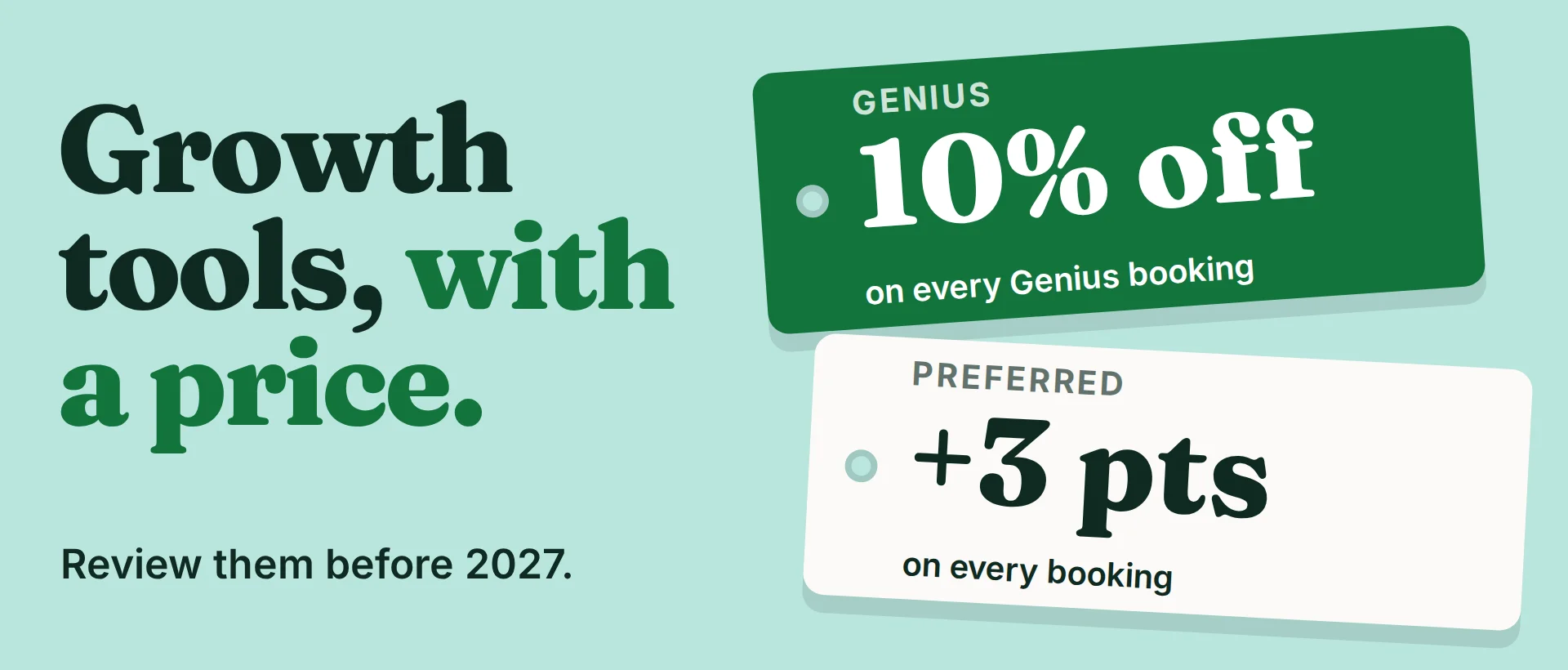 The words "Growth tools, with a price" next to two price tags: Genius, 10% off on every Genius booking, and Preferred, 3 extra points on every booking