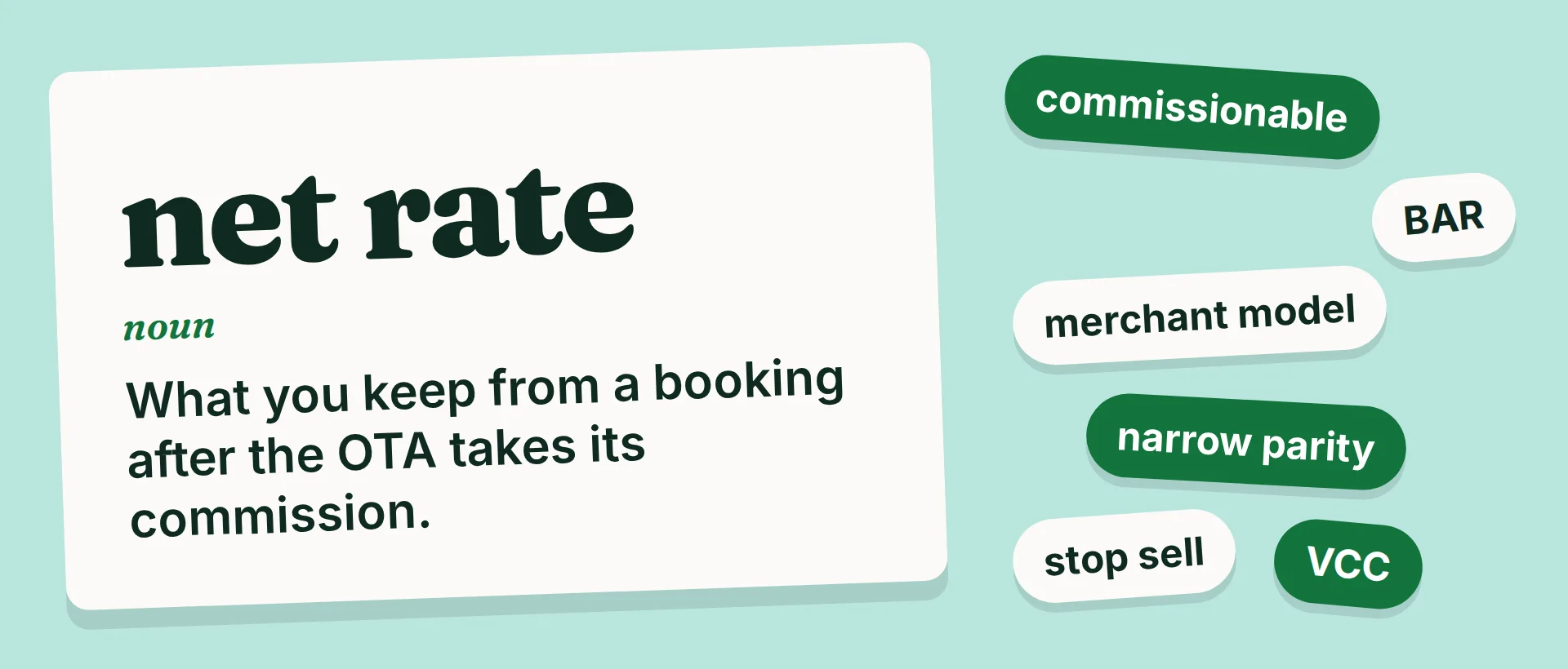 A dictionary-style card defining "net rate", next to labels for other OTA terms such as commissionable, BAR, merchant model and narrow parity