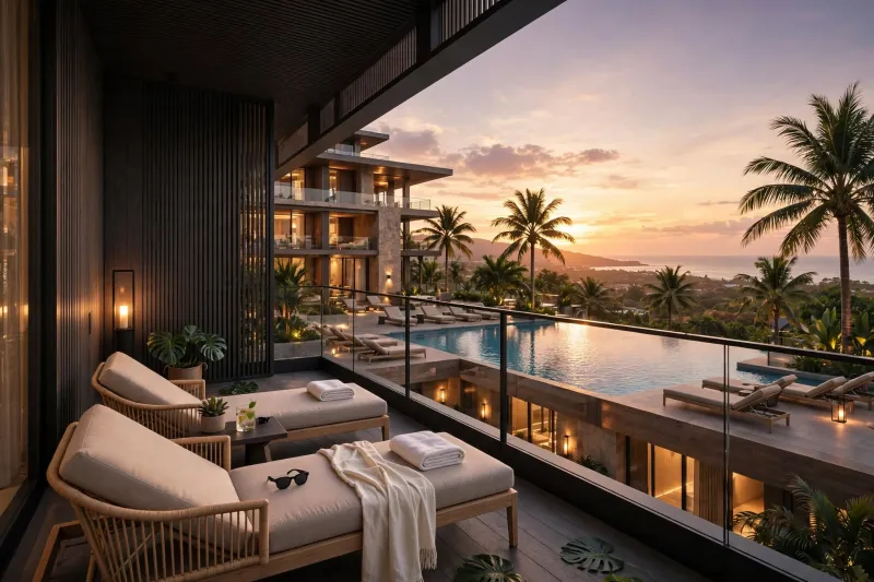 Habitación con vista a la piscina.
